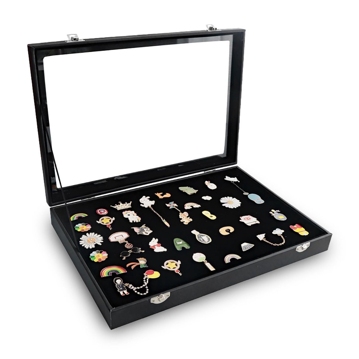 Omgoods- Displaydoos grote capaciteit - Vitrine met stofdicht glas - Sieraden/juwelen - Kunstleder - Stijlvol/elegant - 35 x 24 x 5 cm