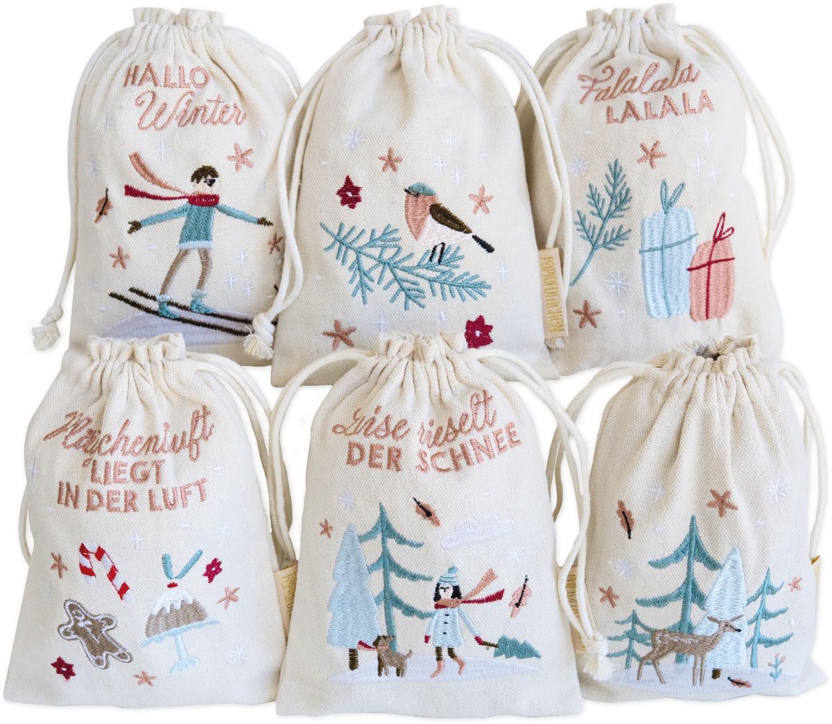 Omgoods - Set van 6 Kerst Geschenkzakjes - Stijlvol Geborduurd in Crème