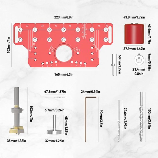 Plankjespen Jig & 35 mm Scharnier Jig Twee-in-Één, Plankjespen Boor Jig met 5 mm en 1/4" Boorkoppen, Kast Scharnier Jig Boor Gatenpunser Boor Gat Boor Gids — afbeelding 5