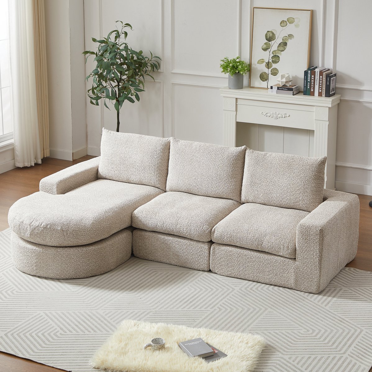 FloraGrace Hoekbank 3-Zits - Modulaire L-Vorm Met Omkeerbare Chaise Longue - Zacht Comfort Voor Woonkamer - Chenille - Beige