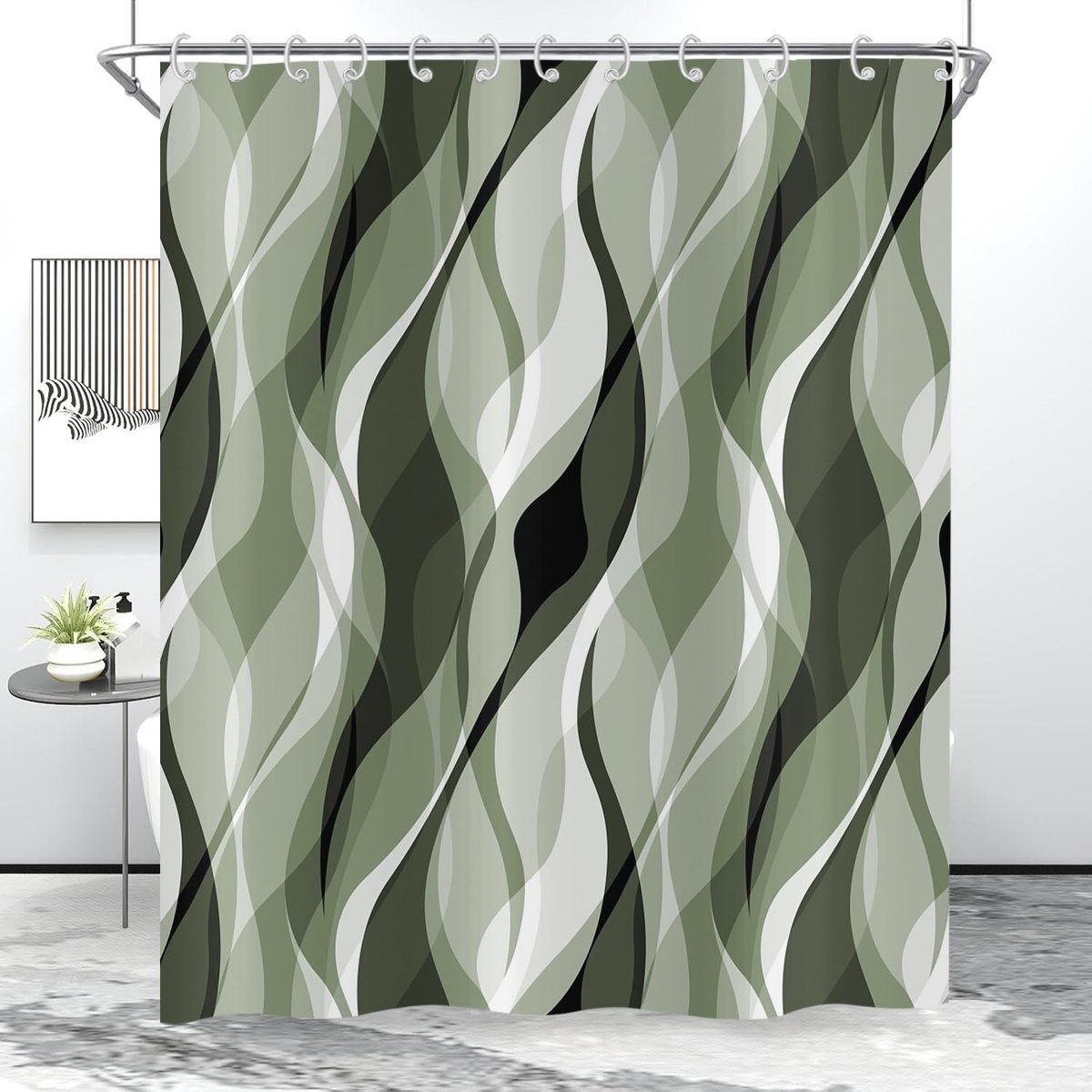 Omgoods - Modern Douchegordijn 180x180 cm in Sage Groen met Streeppatroon