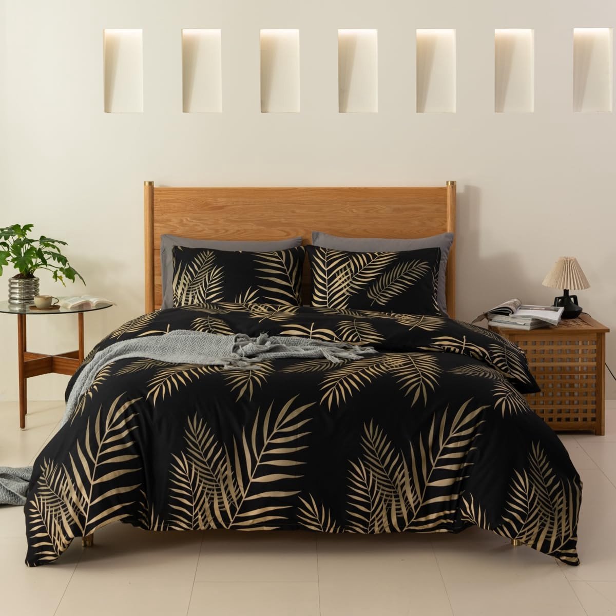 Omgoods - 3-delige Beddenset 220x240cm Modern Goud Zwart Bladeren