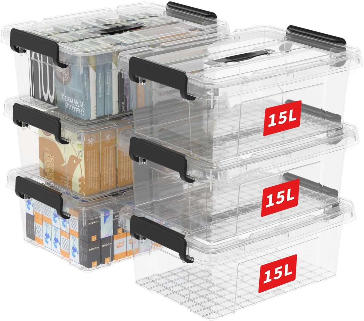 Omgoods - Set van 15 Plastic Opbergdozen met Deksel en Handvatten