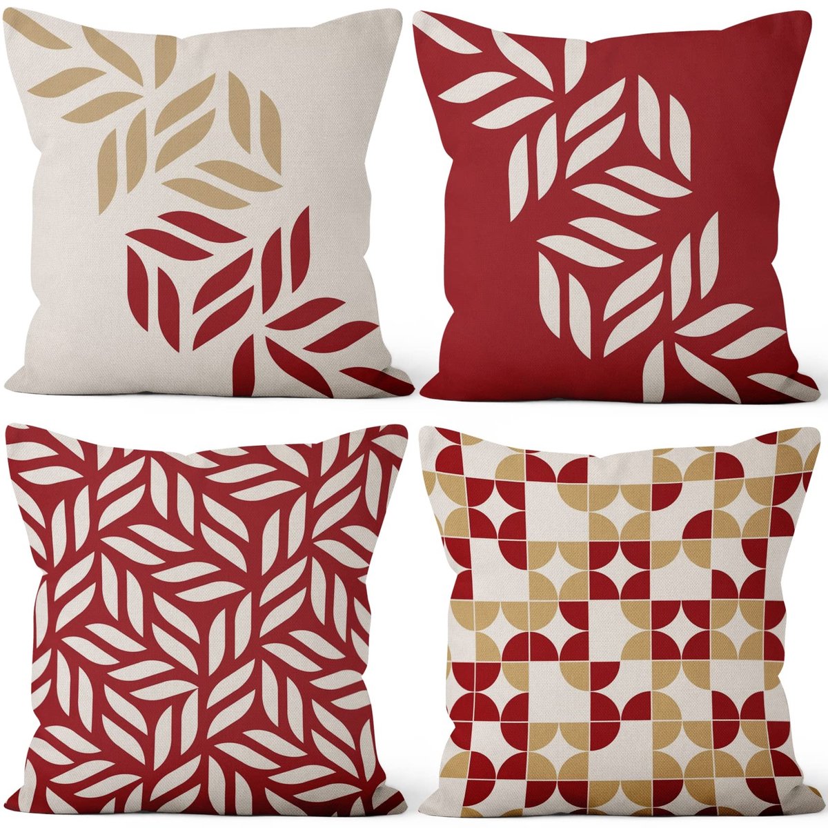 Omgoods - Set van 4 Geometrische Kussenhoezen 51x51 cm - Rood Beige Decoratief