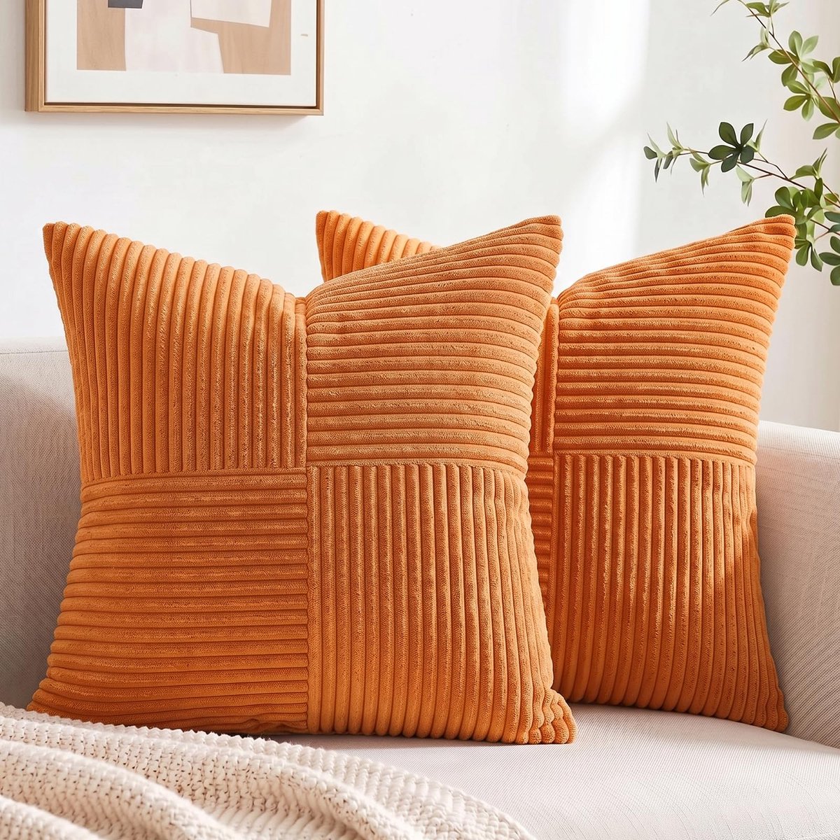 Omgoods - Set van 2 Boho Kussenhoezen 35x35 cm - Oranje met Kruispatroon