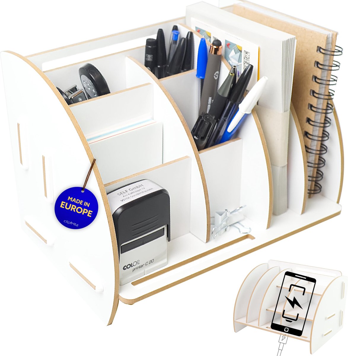 Omgoods - Desk Organiser Wit met Telefoonhouder - Aesthetische Bureau Organizer 25 x 19 x 17.5 cm