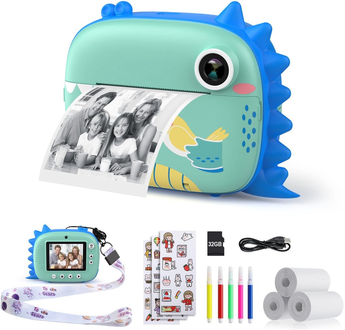 Omgoods - Kinderfotocamera met Printpapier en 32G TF Kaart - Creatief Speelgoed voor Kinderen
