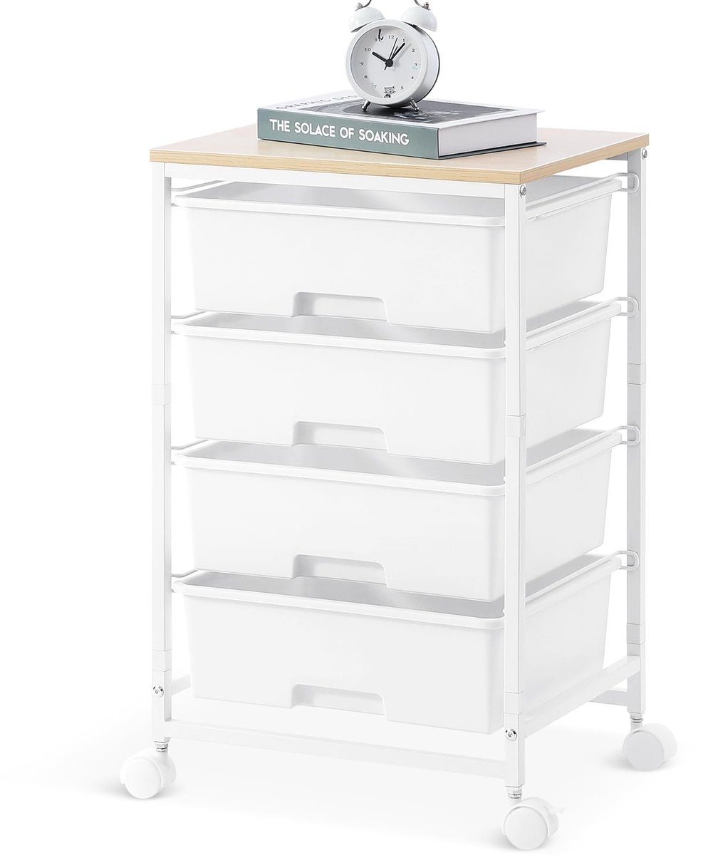 Omgoods - 4-Lades Opbergtrolley met Houten Bovenkant - Multifunctioneel en Wielen