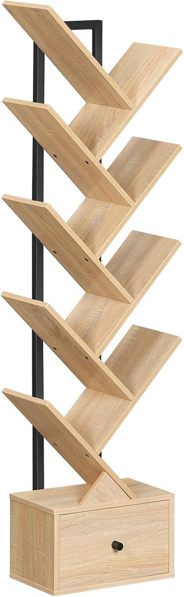 Boekenplank met Lade, 9-laags vrijstaande boekenkast, boomvormige boekenkast, dvd-plank, vrijstaande boekentoren, voor woonkamer, slaapkamer, thuiskantoor, natuurlijk hout en zwart EBN18SJ01G1