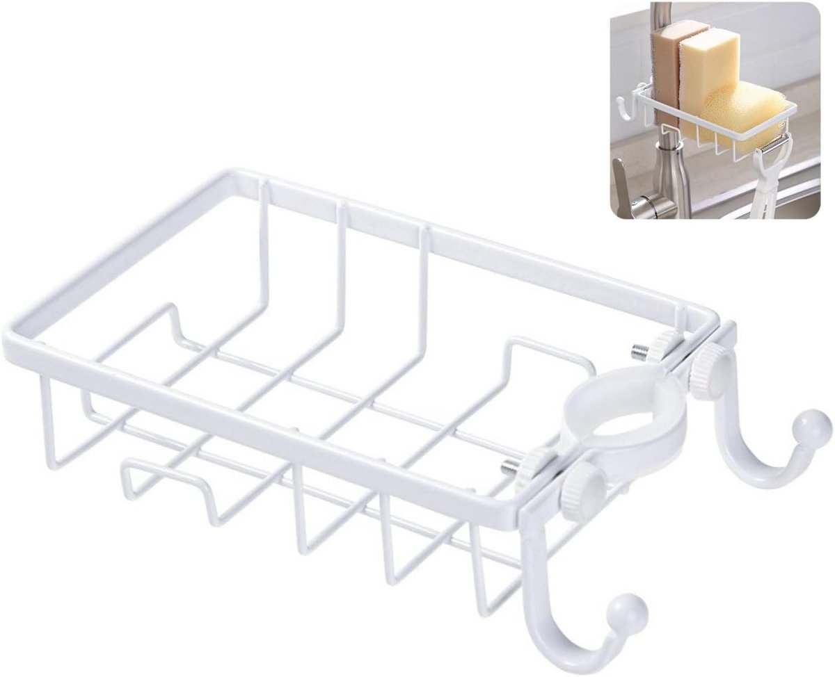 SnelShoppen - Sink Organizer, Sponshouder, Hangende RVS, Badkamer en Keuken Opslagcontainer, Geen Boren, 5 Haken, Ruimtebesparend, Duurzaam