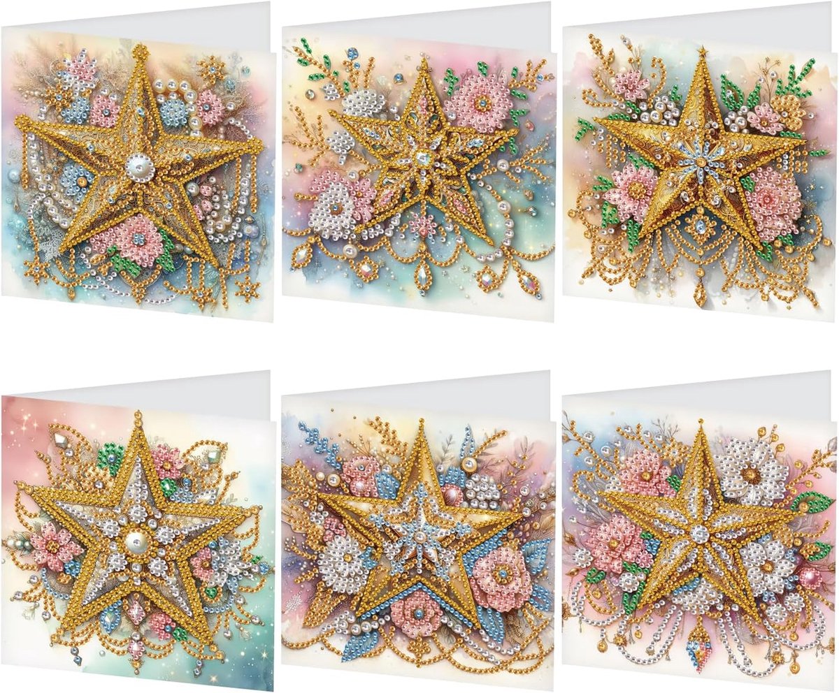 SnelShoppen - Set van 6 Diamantschilderijen Wenskaarten met Sterren en Bloemen, Creatieve Diamond Painting Kaarten voor Verjaardag, Bedankkaart, Zegen