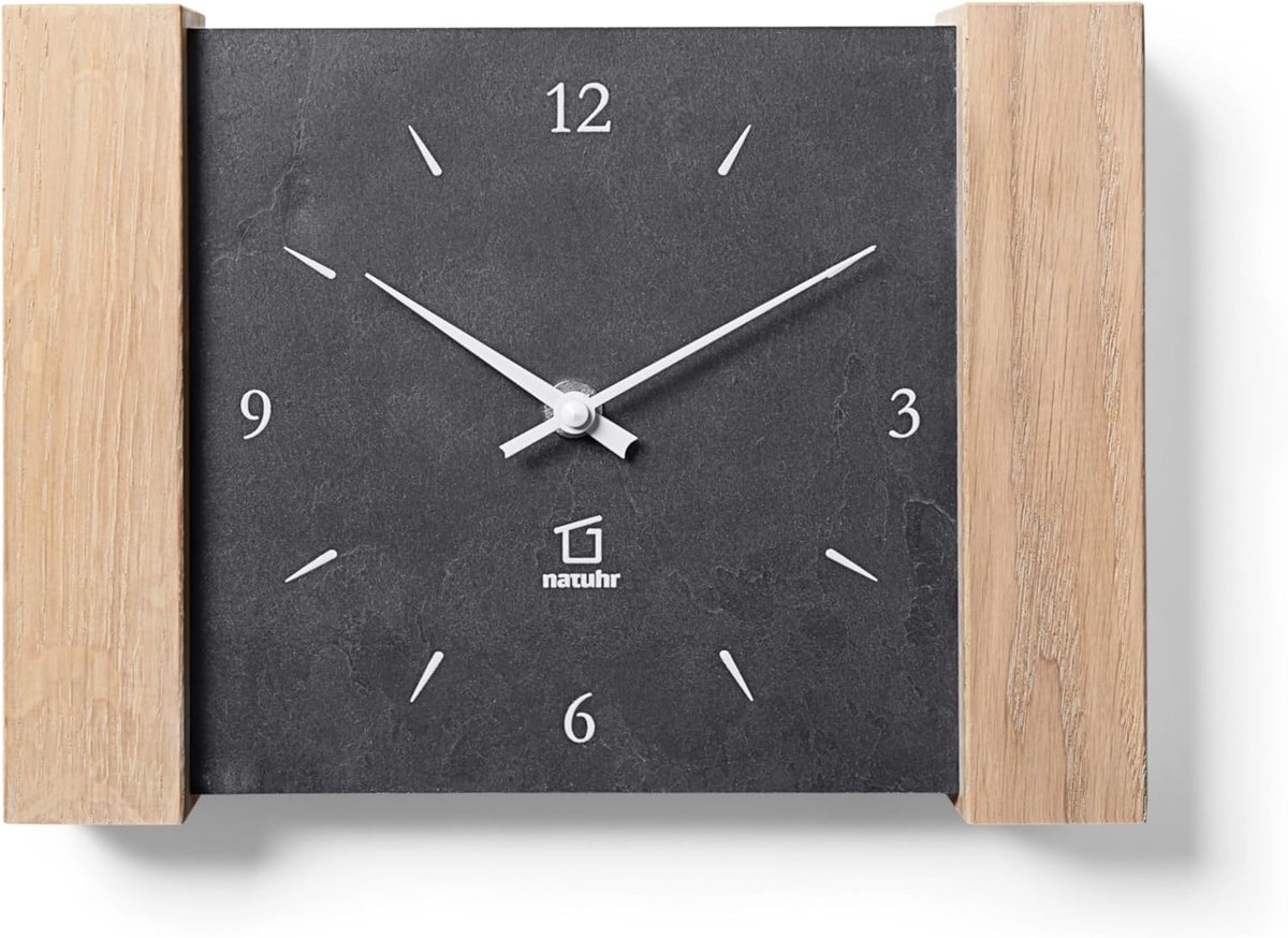 SnelShoppen - Tafelklok en Wandklok Wild Point Hout Eiken Licht Leisteen Laag Geluid Quartz Beweging (Grijs/Eiken Onbehandeld - Quartz)