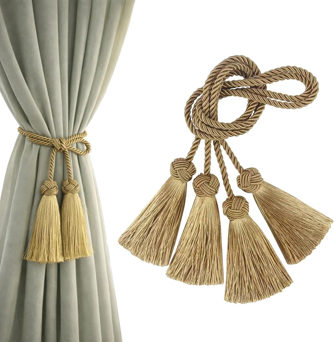 SnelShoppen - 2 Stuks Gordijnhouders, Elegante Decoratieve Gordijn Klemmen met Handgemaakte Tassels voor Raam Gordijnen, Thuis en Kantoor (Goud)