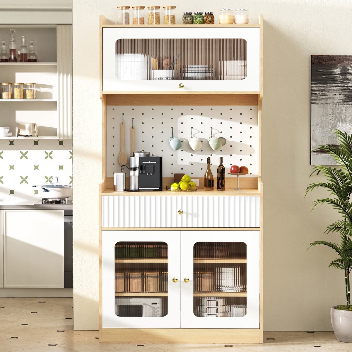 PHOEBE CAT Dressoir - Buffetkast - Verstelbare planken - Met lades - LED-verlichting - Glazen deuren - Wit + Natuurlijke