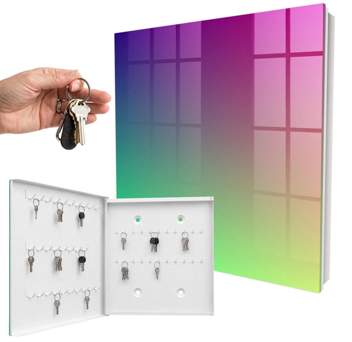 WallMuralia - Sleutelkast - 30x30x5 cm - met 50 haken - Kleurrijk Verloop Leuk Sleutelkastje - Paars Sleutelbox - Linksopenend - Wit interieur