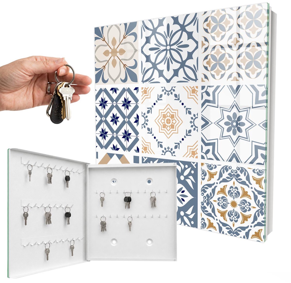 WallMuralia - Sleutelkast - 30x30x5 cm - met 50 haken - Tegelpatronen Sleutelkastje Gang - Blauw Sleutelbox - Linksopenend - Wit interieur