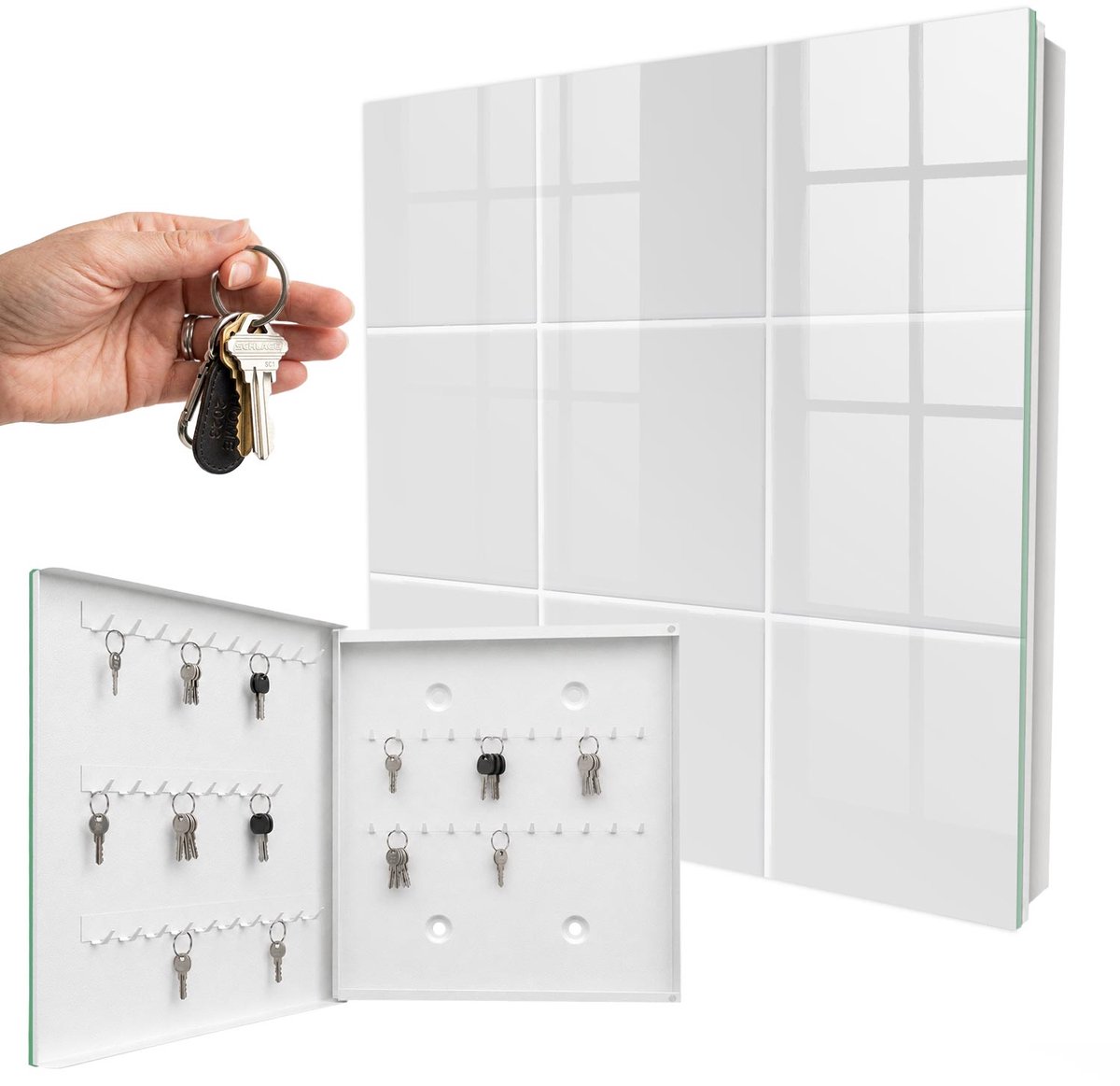 WallMuralia - Sleutelkast - 30x30x5 cm - met 50 haken - Lichte Tegels Sleutelkastje Klein - Wit Sleutelbox - Linksopenend - Wit interieur