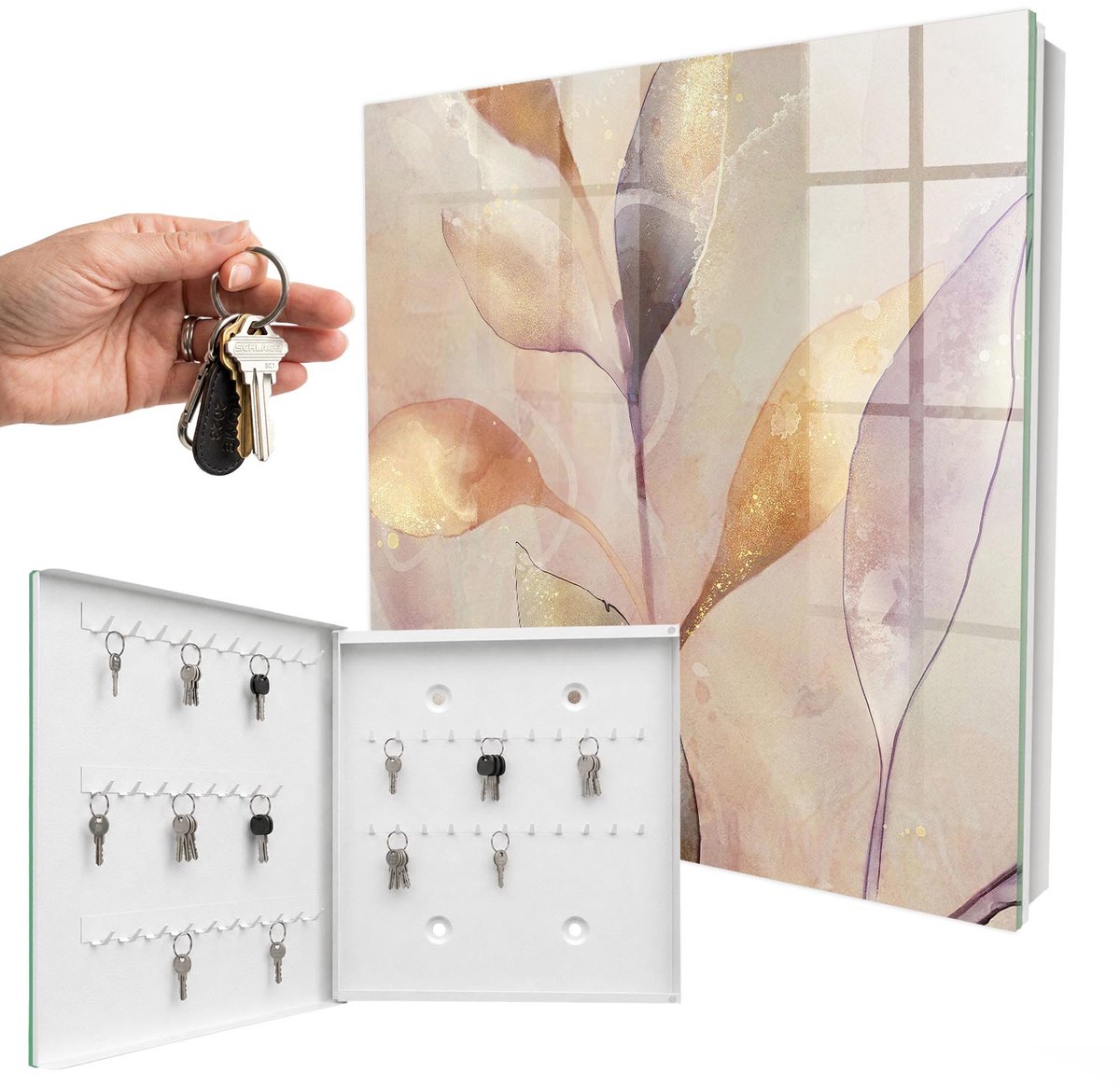 WallMuralia - Sleutelkast - 30x30x5 cm - met 50 haken - Pastelkleurige Bladeren Sleutelkastje Voor Binnen - Beige Sleutelbox - Linksopenend - Wit interieur