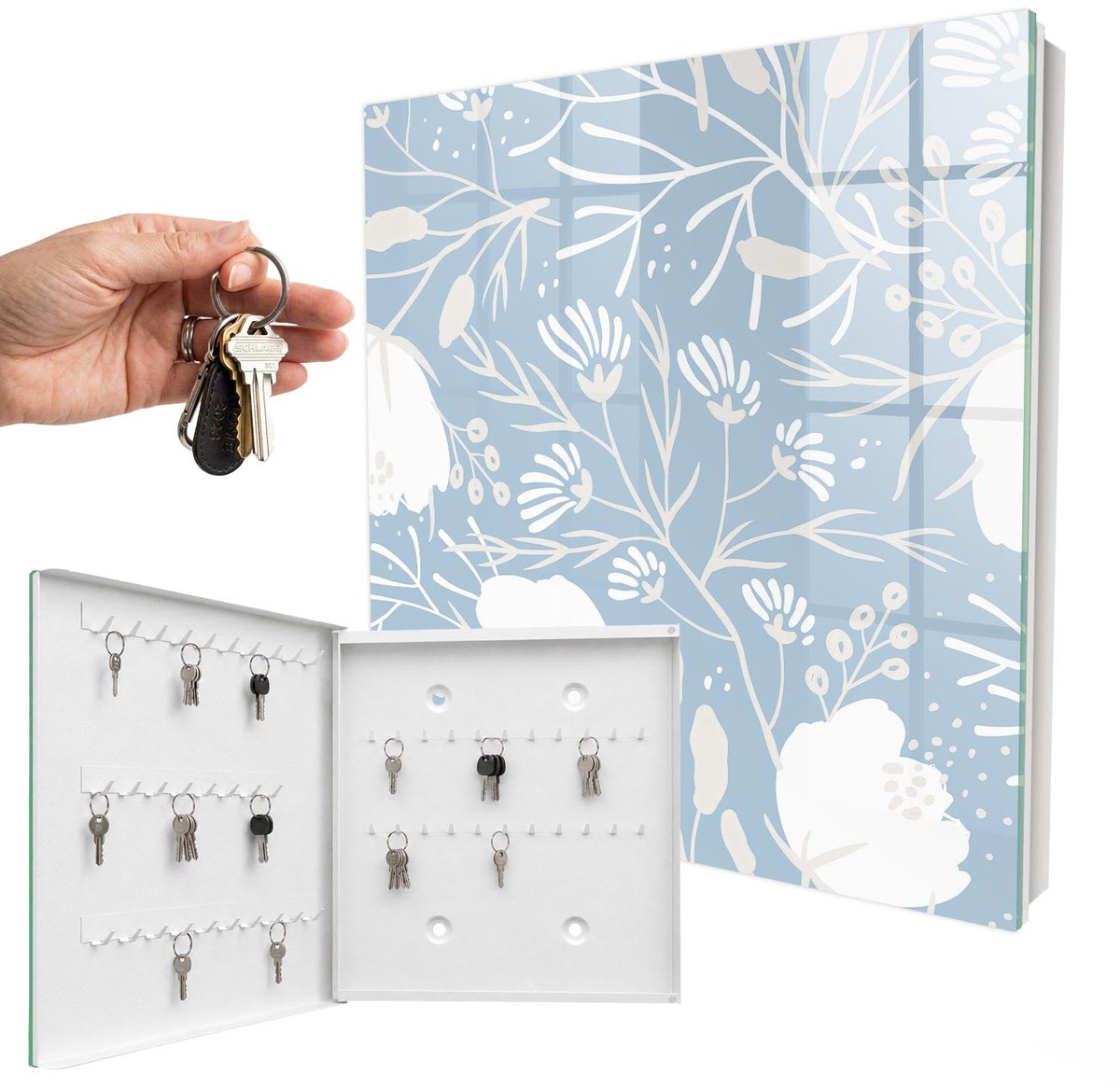 WallMuralia - Sleutelkast - 30x30x5 cm - met 50 haken - Plantmotieven Leuk Sleutelkastje - Blauw Sleutelbox - Linksopenend - Wit interieur