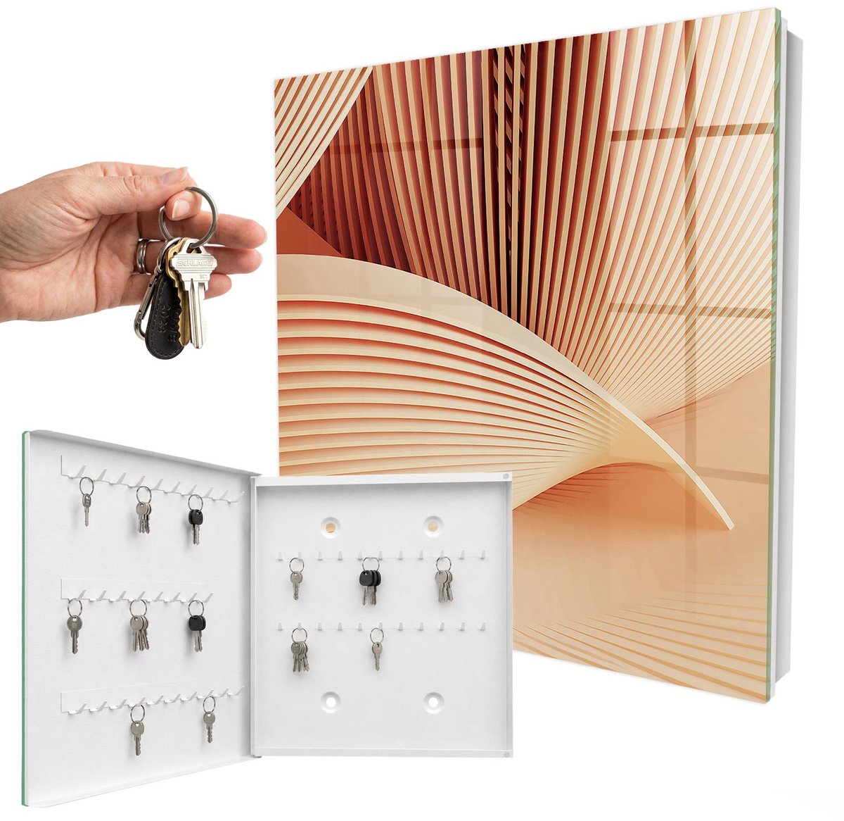 WallMuralia - Sleutelkast - 30x30x5 cm - met 50 haken - Abstracte Golven Sleutelkastje Muur - Beige Sleutelbox - Linksopenend - Wit interieur