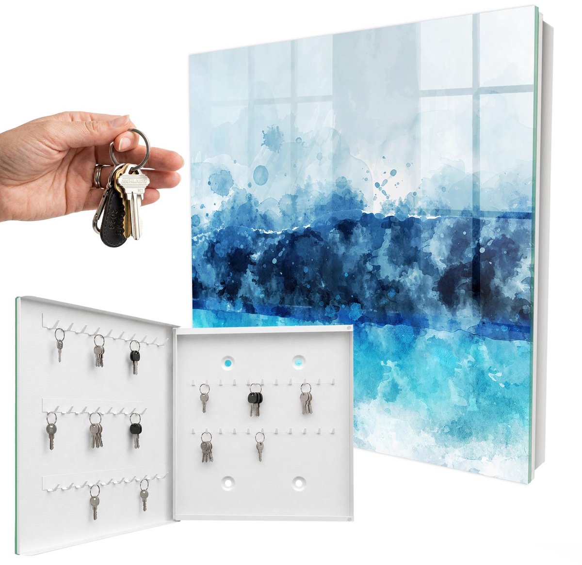 WallMuralia - Sleutelkast - 30x30x5 cm - met 50 haken - Turkoois Landschap Sleutelkastje Design - Blauw Sleutelbox - Linksopenend - Wit interieur