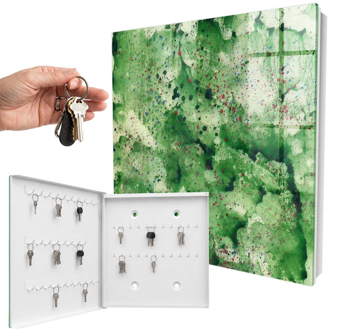 WallMuralia - Sleutelkast - 30x30x5 cm - met 50 haken - Groene Chaos Sleutelkastje Modern - Groente Sleutelbox - Linksopenend - Wit interieur