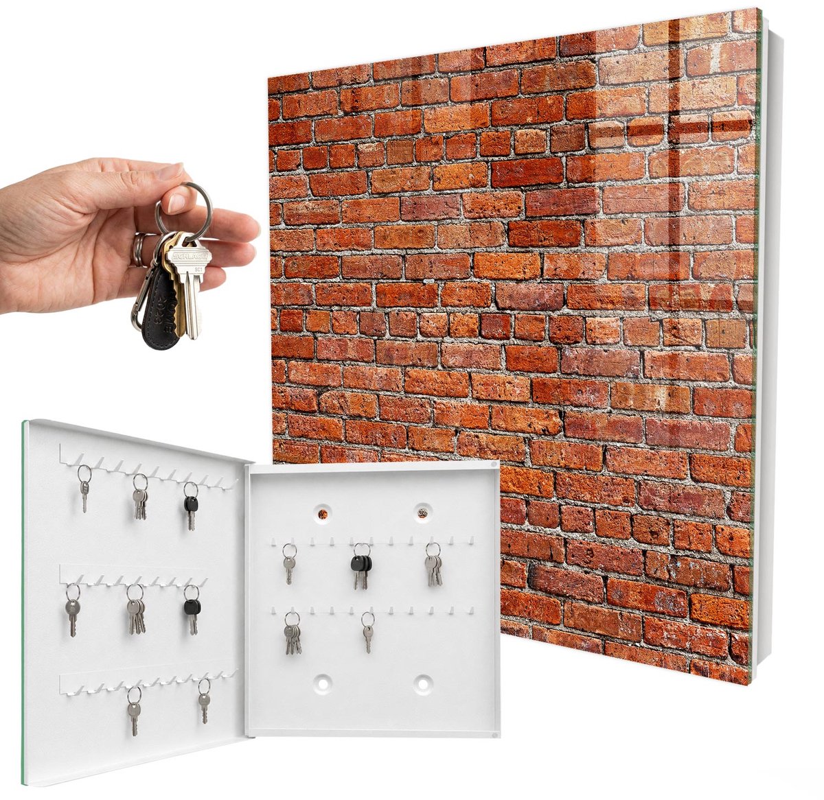 WallMuralia - Sleutelkast - 30x30x5 cm - met 50 haken - Bakstenen Muur Sleutelkastje Muur - Rood Sleutelbox - Linksopenend - Wit interieur