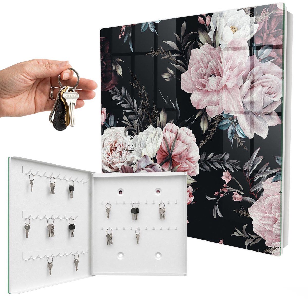 WallMuralia - Sleutelkast - 30x30x5 cm - met 50 haken - Bloemenpracht Sleutelkastje Muur - Roze Sleutelbox - Linksopenend - Wit interieur