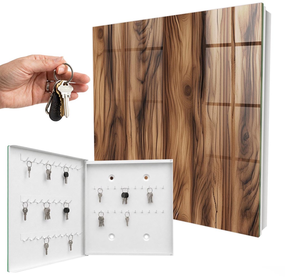 WallMuralia - Sleutelkast - 30x30x5 cm - met 50 haken - Houtstructuur Sleutelkastje Landelijk - Bruin Sleutelbox - Linksopenend - Wit interieur