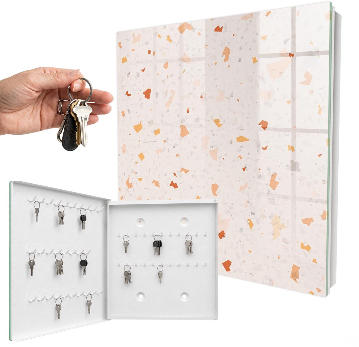 WallMuralia - Sleutelkast - 30x30x5 cm - met 50 haken - Elegant Mozaïek Design Sleutelkastje - Beige Sleutelbox - Linksopenend - Wit interieur