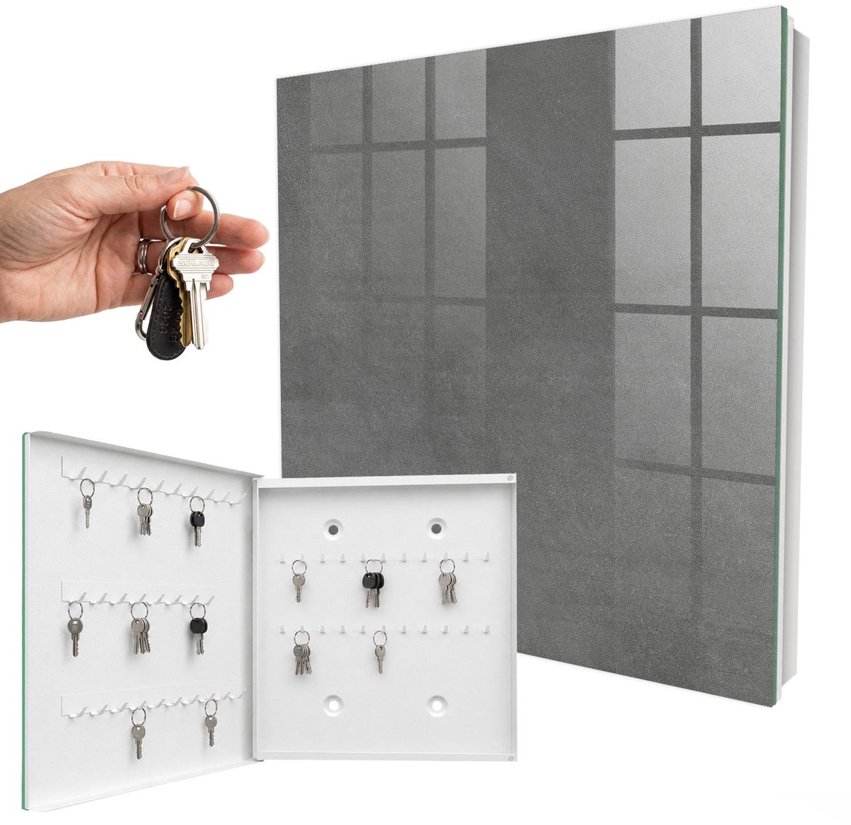 WallMuralia - Sleutelkast - 30x30x5 cm - met 50 haken - Grijze Textuur Sleutelkastje Gang - Grijs Sleutelbox - Linksopenend - Wit interieur