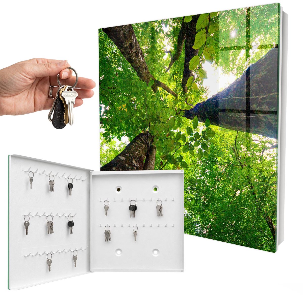 WallMuralia - Sleutelkast - 30x30x5 cm - met 50 haken - Boshemel Sleutelkastje Hal - Groente Sleutelbox - Linksopenend - Wit interieur
