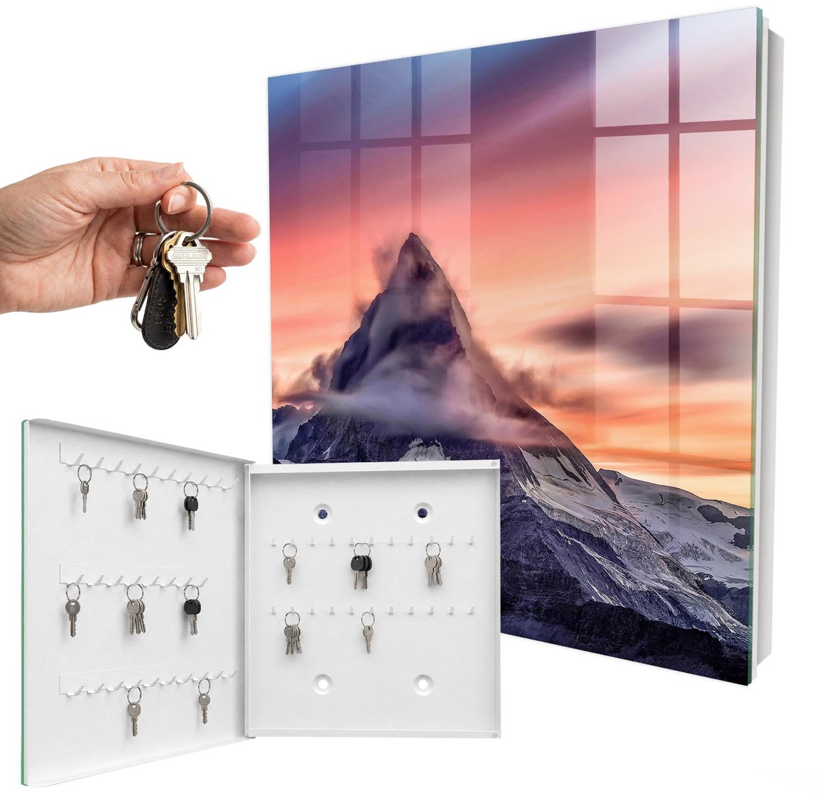 WallMuralia - Sleutelkast - 30x30x5 cm - met 50 haken - Bergmagie Sleutelkastje Landelijk - Paars Sleutelbox - Linksopenend - Wit interieur