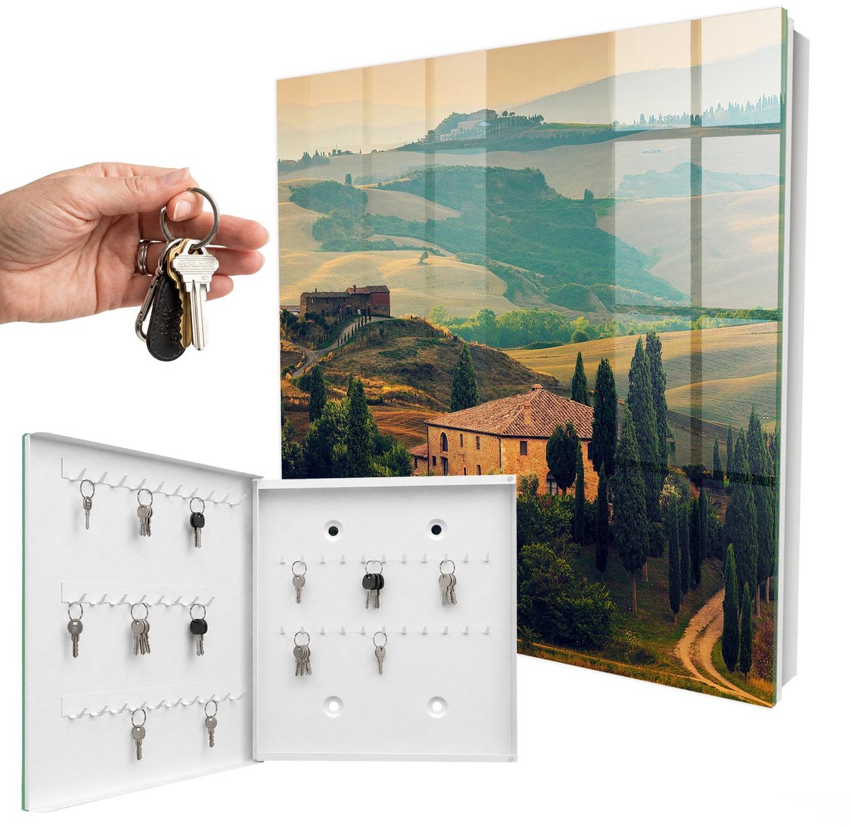 WallMuralia - Sleutelkast - 30x30x5 cm - met 50 haken - Toscaans Landschap Sleutelkastje Huis - Groente Sleutelbox - Linksopenend - Wit interieur