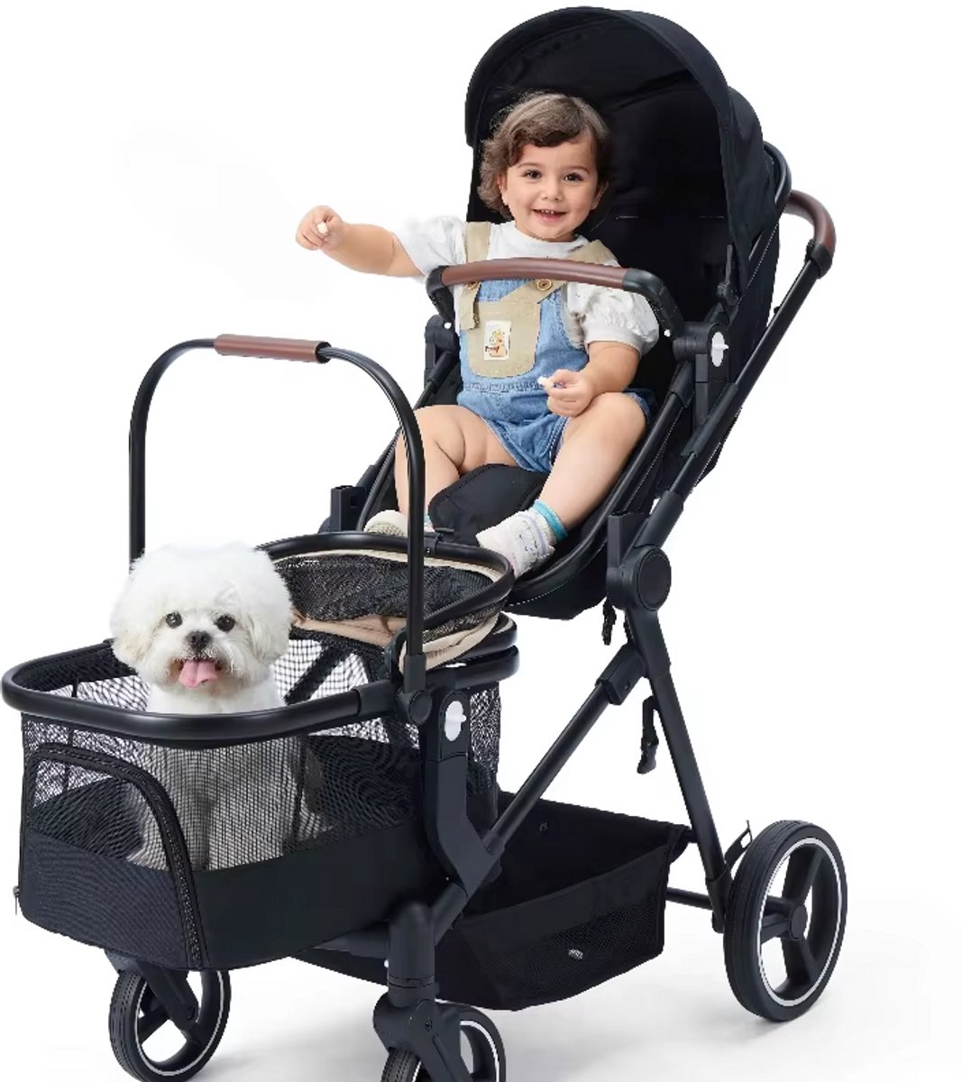2-in-1 Kinderwagen met Hondenmand – Kinder- & Huisdierwagen – Omkeerbare Zitting – Verstelbare Rugleuning – Zwart