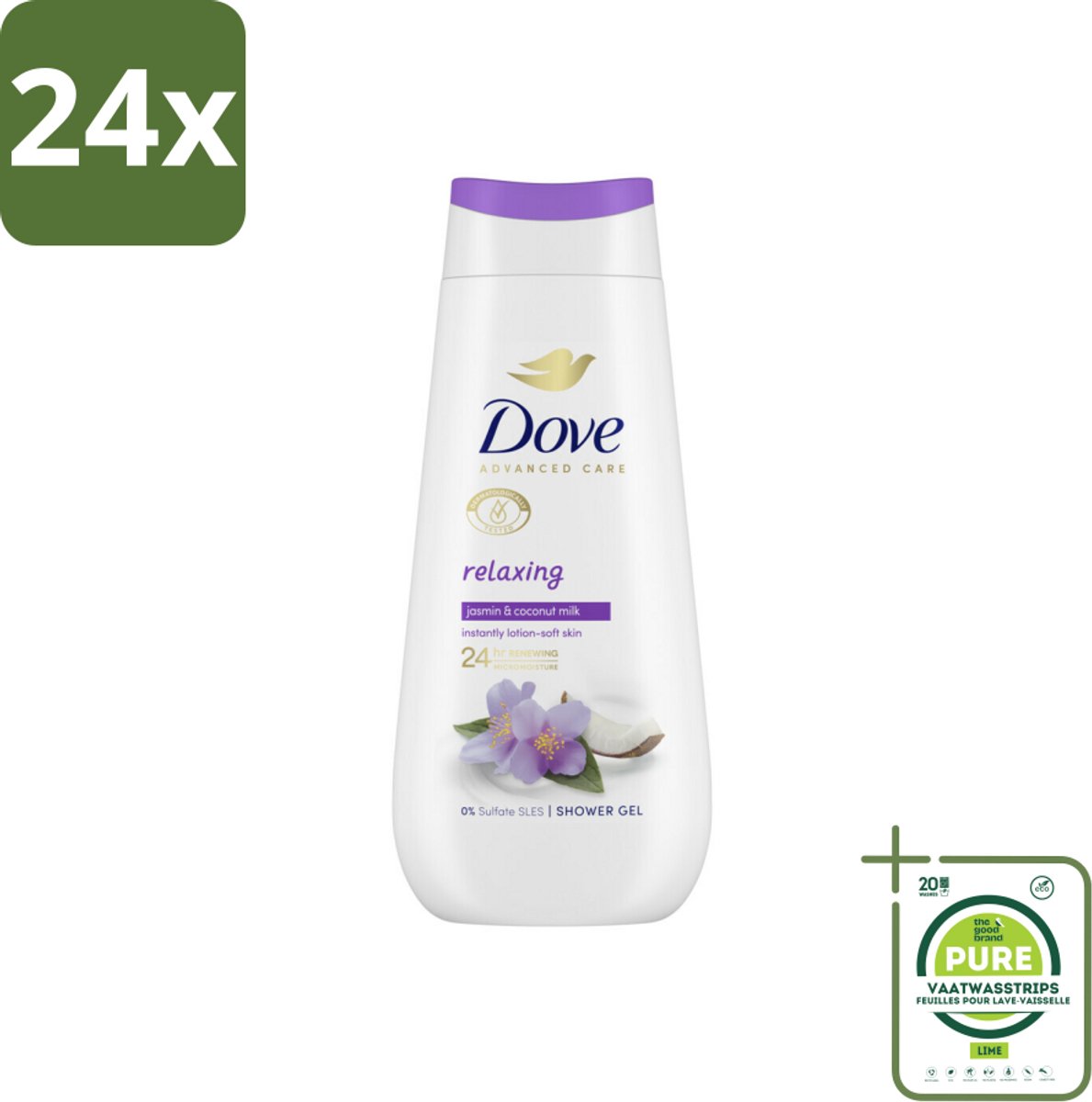 Dove Douchecrème - Relaxing - Kokos & Jasmijn - 225 ml - Voordeelverpakking - 24 stuks - Douchegel - Verzorgend