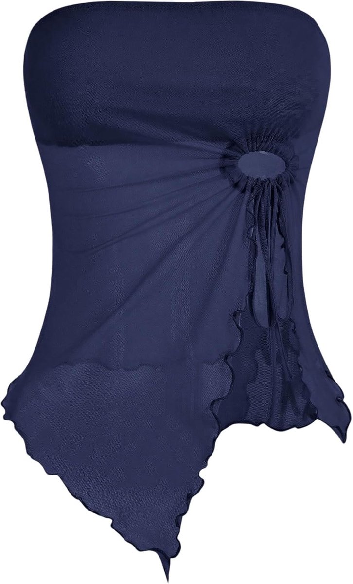 Mesh Crop Top Tube Top Dames Strapless Top Y2k Bovendeel met golfzoom Schoudervrij Zomertop met split