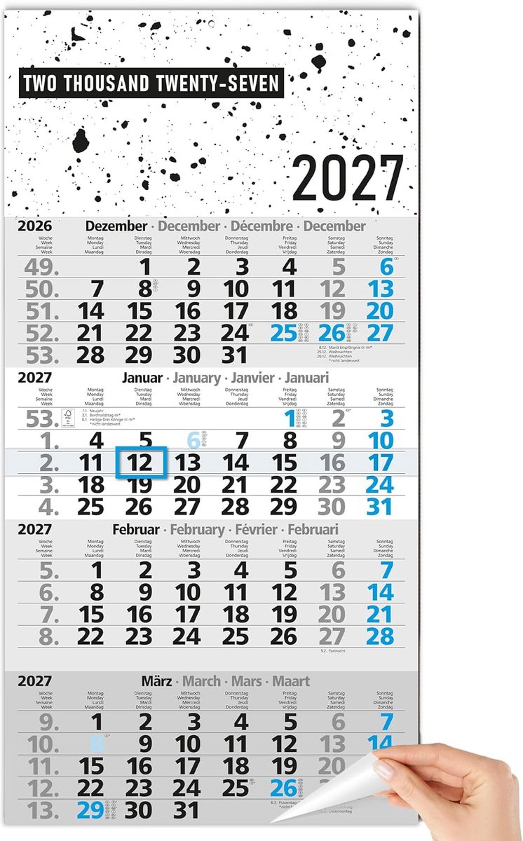 4-maandkalender 2026, wandkalender, 4-maandoverzicht met schuiver, 30 x 59 cm, FSC-gecertificeerd, maandkalender 2026, groot, voor kantoor, design-wandkalender voor professionals
