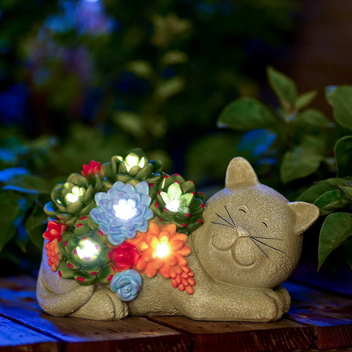 Decoratieve kattendecoratie op zonne-energie, tuindecoratie voor buiten, met vetplanten, led-zonnelampen, grappig kattencadeau voor kattenliefhebbers, vrouwen, verjaardagscadeau, tuin, balkon