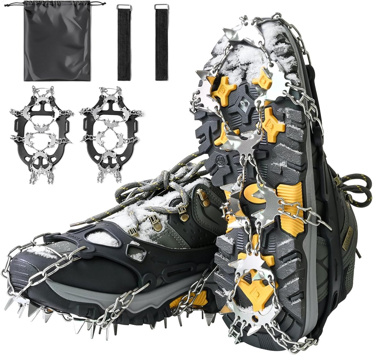 Stijgijzers Antislip IJspikes met 24/32 Roestvrijstalen Spikes, Tractie Grip voor Laarzen en Schoenen, Dames en Heren, Veilig voor Wandelen, Hiken en IJsvisserij