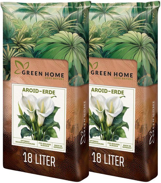 Twee zakken Green Home Aroid-aarde van 18 liter, met een illustratie van witte calla lelies en groene bladeren.