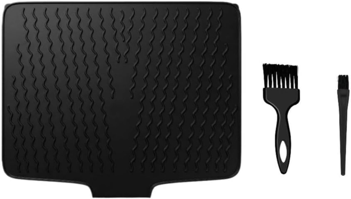 Afdruipmat voor servies, afdruipmat voor gootsteen met 2 borstels, 40 x 33 cm, siliconen, opvouwbare afdruipmat met groefstructuur voor keukenwerkbladen en keukenspoelbak (zwart)