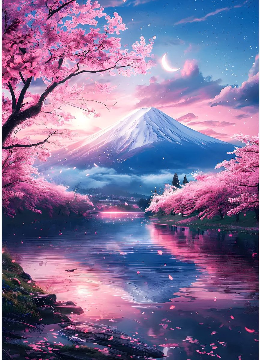 5D Bergfuji Diamond Painting Kit voor volwassenen, beginners, kersenbloesem, diamant kunstkit, complete doe-het-zelf nachtinbraak, diamantborduurset, perfect voor ontspanning en decoratie, 30 x