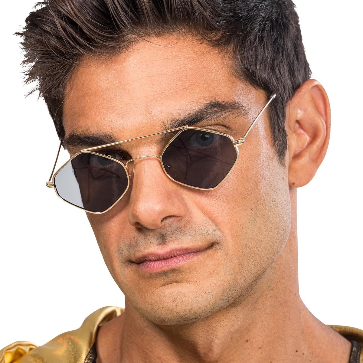 - Zonnebril, gouden metalen montuur, zwarte glazen | Accessoire voor festivals, carnaval en themafeesten, bril voor rappers, retro- en feestoutfits