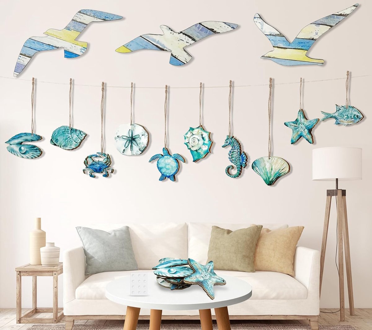 cersaty 23 stuks meeuwen wanddecoratie maritieme decoratieset, houten wanddecoratie meeuwen blauw kustmotief voor woonkamer, slaapkamer, badkamer, hal, vakantiehuis enz