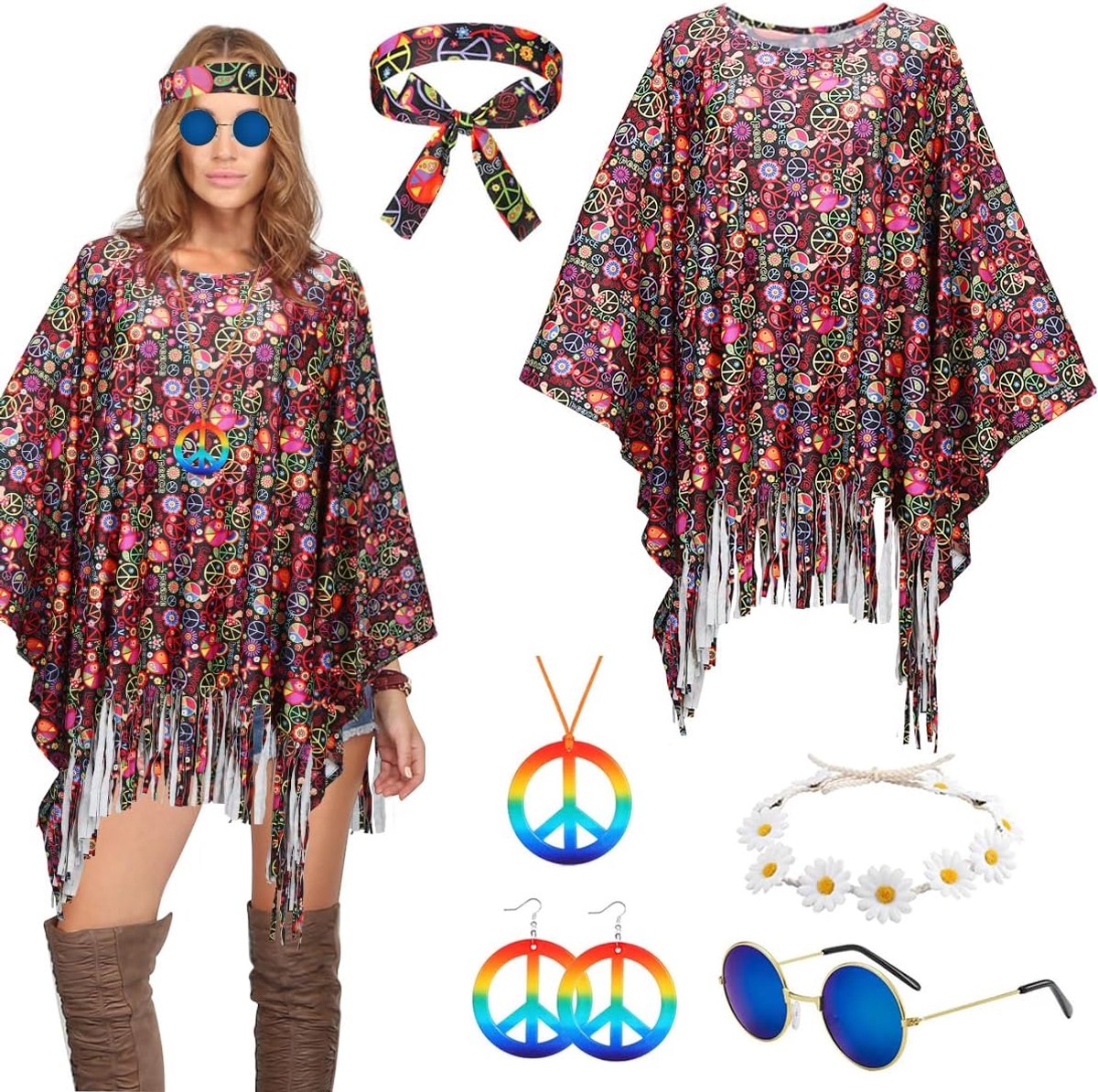 Hippiekostuum voor dames, set van 6 stuks, jaren '60 en 70 hippiekostuum voor dames, hippieponcho met hippiebril, oorbellen, halskettingen, hoofdbanden, carnavalskostuums, hippie dames, carnaval,