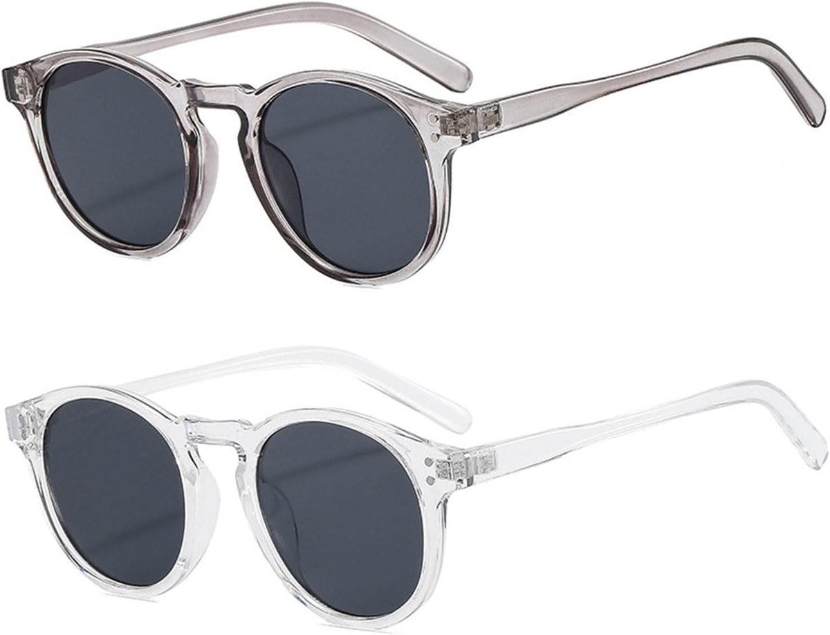 2 paar vintage ronde zonnebril, retro zonnebril, helder frame, klassieke retro kleine ronde glazen, ronde zonnebril, set voor dames en heren, UV400-bescherming