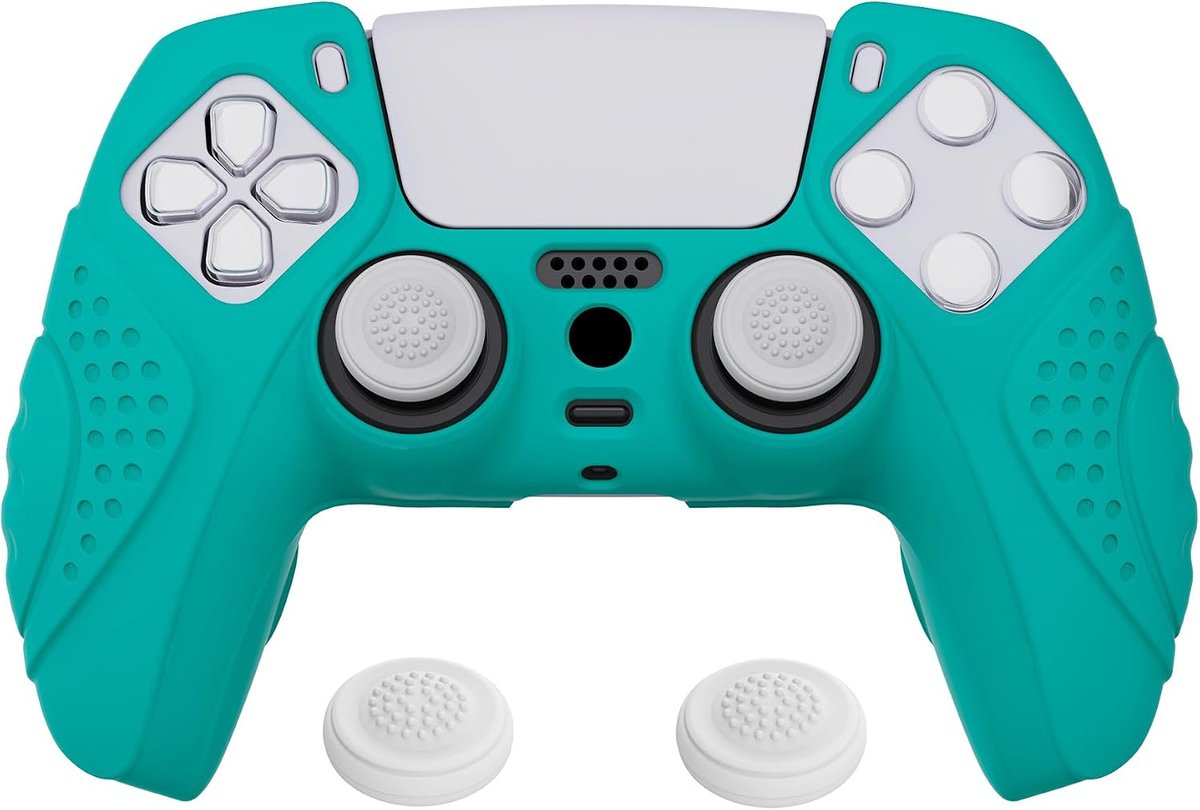 eXtremeRate PlayVital Antislip Silicone Beschermhoes voor ps5 Controller met Thumb Grip Caps - Ergonomic Protective Case Cover, Zachte Beschermskins, Guardian Editie (Aqua Groen)
