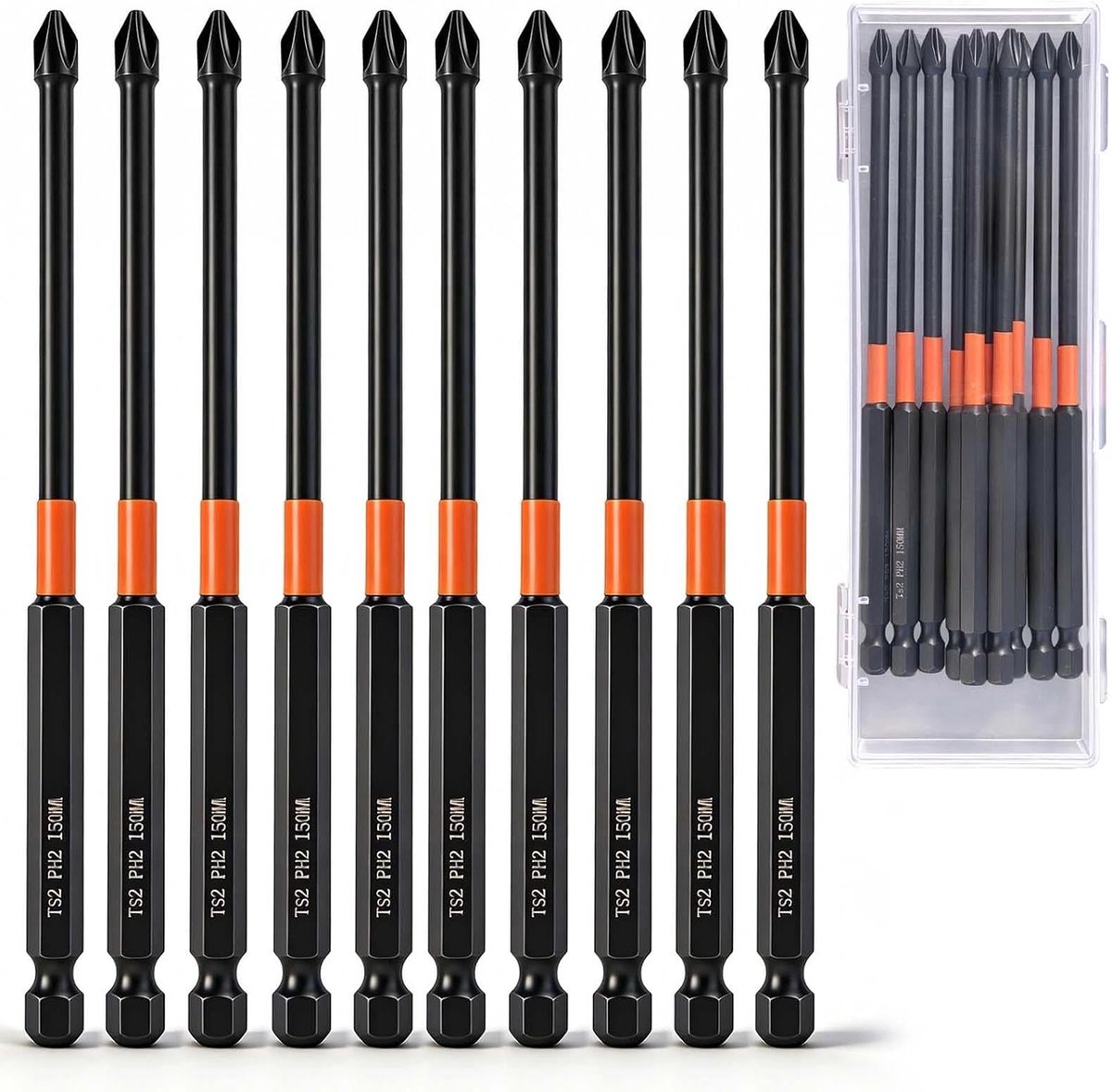 10 x PH2 Impact bits 6 inch - Lange kruiskop TS2 anti-magnetische ontgrendeling - 1/4 zeskantschacht - S2 staal - met opbergbehuizing