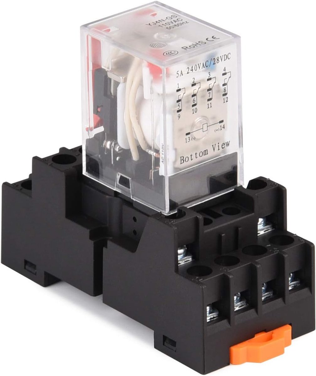 MY4NJ HH53P elektromagnetisch vermogensrelais 4PDT 4NO + 4NC 14 pins 5 A met controlelampje met sokkel (12 V DC)
